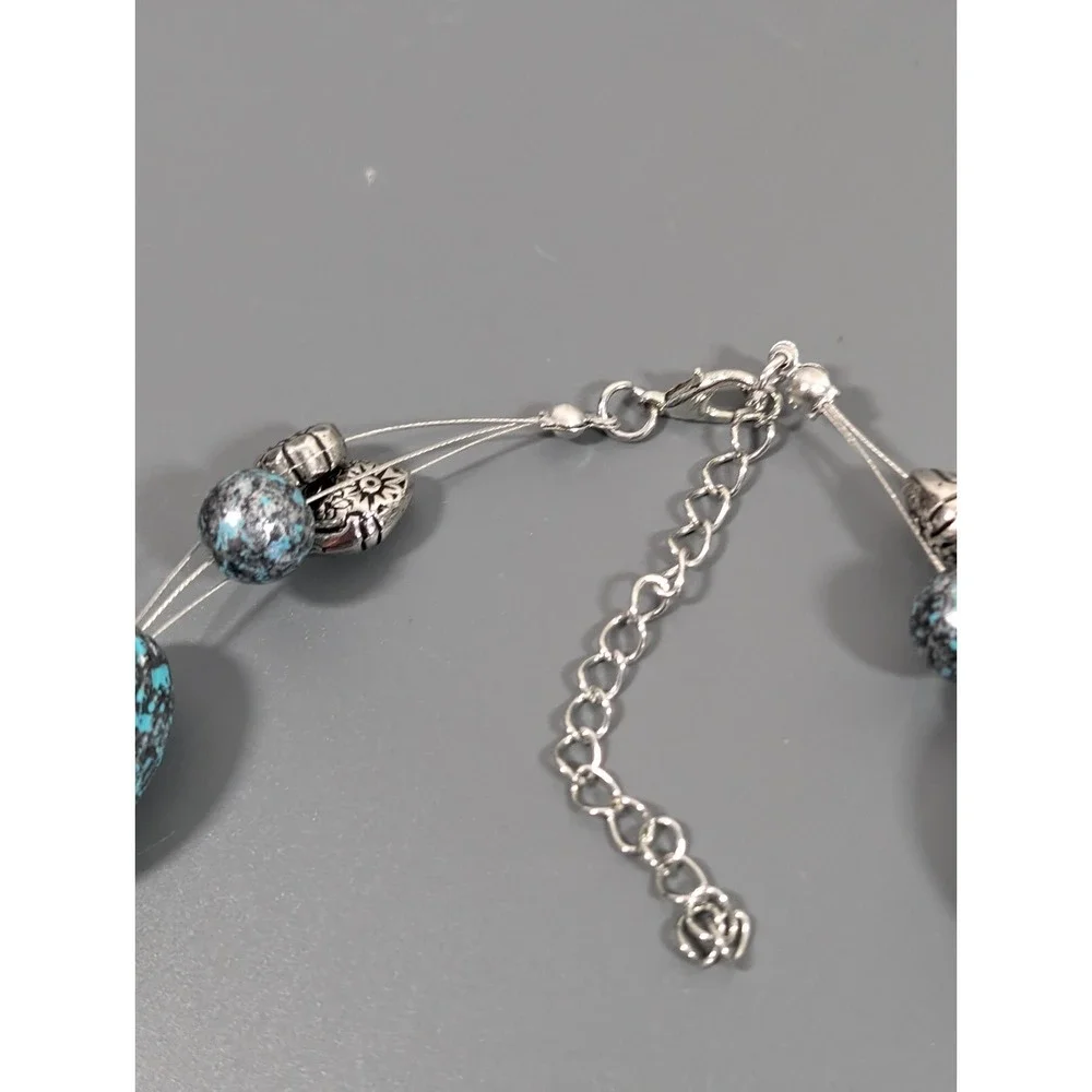 Retro Western Faux Patina Blue Silver tone Carved Style Bead Chunky Necklace 20